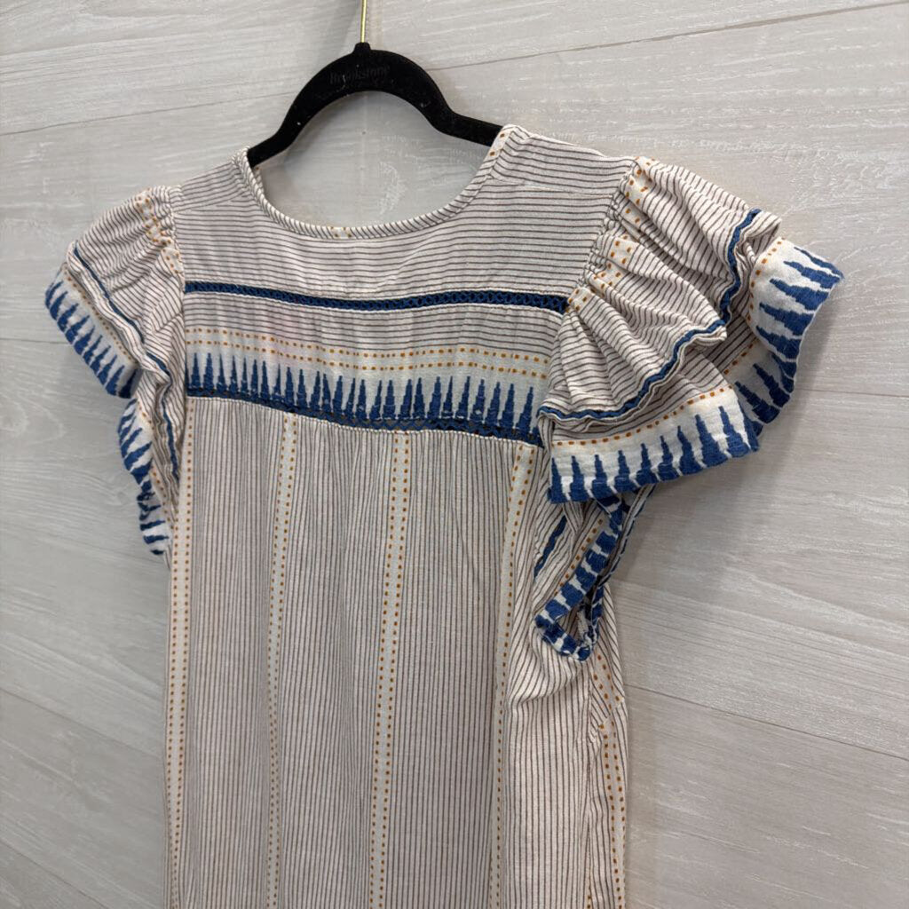 Veronica Beard White/ Blue Print Short Sleeve Button Front Dress Small