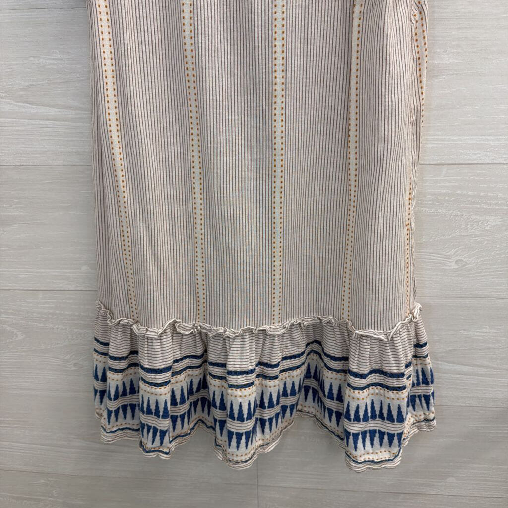 Veronica Beard White/ Blue Print Short Sleeve Button Front Dress Small