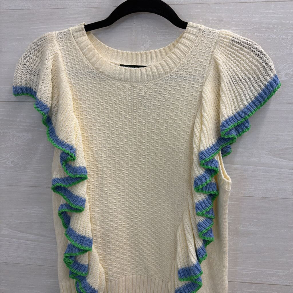 Central Park West Cream/ Blue/ Green Ruffle Knit Short Sleeve Top Extra Small