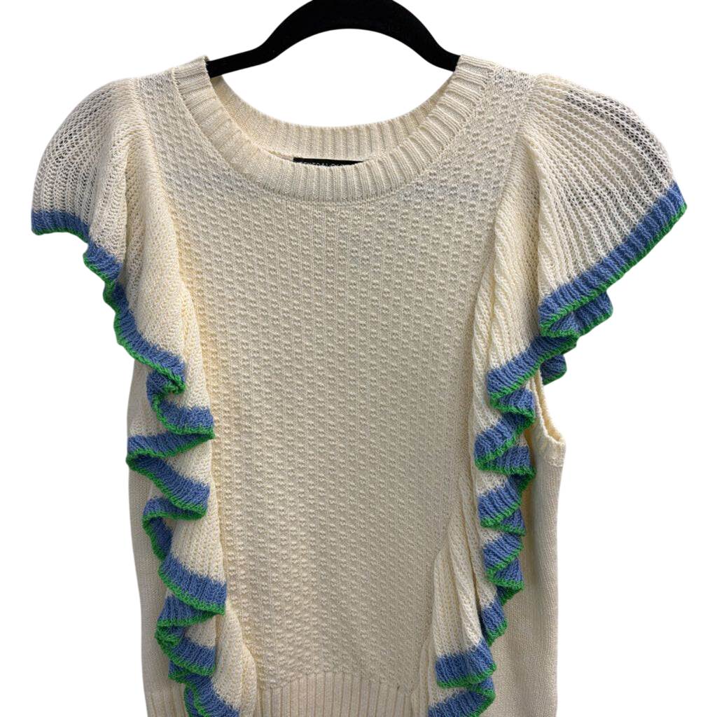 Central Park West Cream/ Blue/ Green Ruffle Knit Short Sleeve Top Extra Small