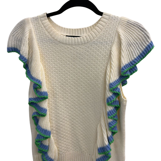 Central Park West Cream/ Blue/ Green Ruffle Knit Short Sleeve Top Extra Small