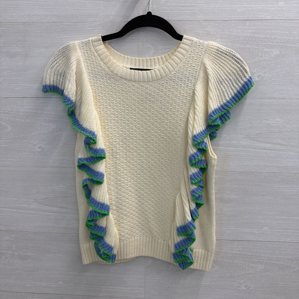 Central Park West Cream/ Blue/ Green Ruffle Knit Short Sleeve Top Extra Small