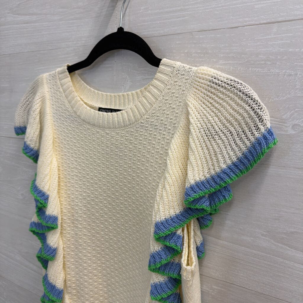 Central Park West Cream/ Blue/ Green Ruffle Knit Short Sleeve Top Extra Small