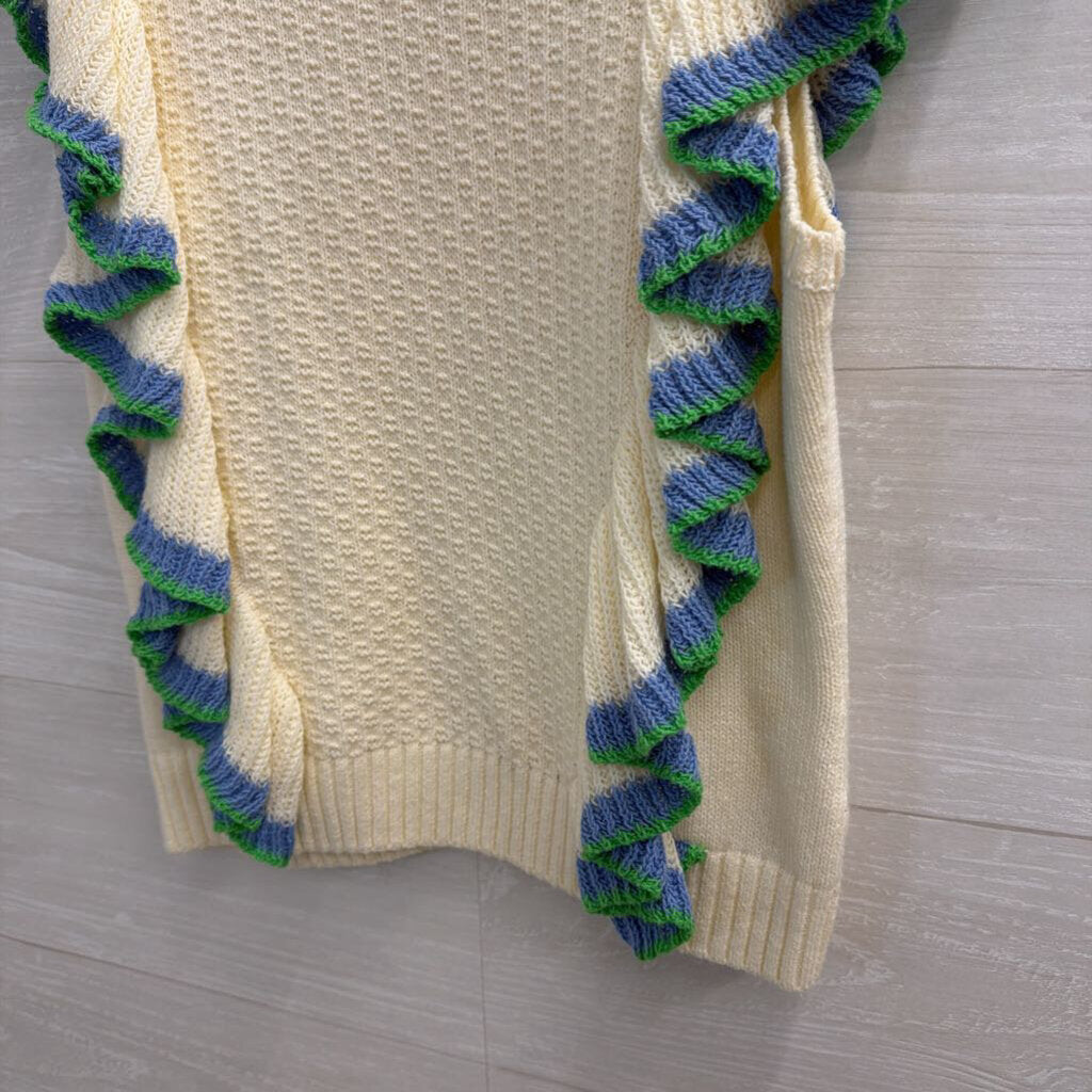 Central Park West Cream/ Blue/ Green Ruffle Knit Short Sleeve Top Extra Small