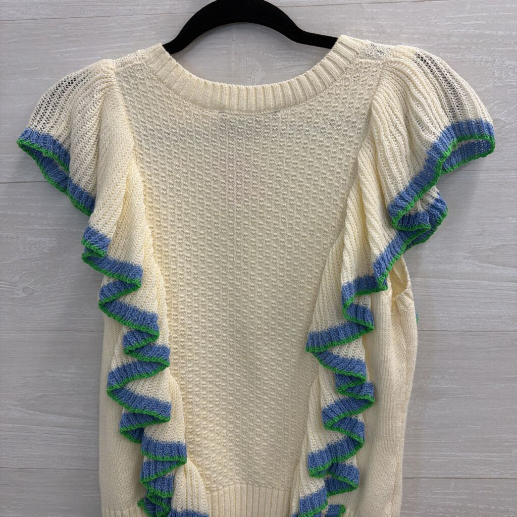 Central Park West Cream/ Blue/ Green Ruffle Knit Short Sleeve Top Extra Small