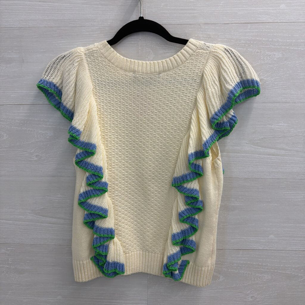 Central Park West Cream/ Blue/ Green Ruffle Knit Short Sleeve Top Extra Small