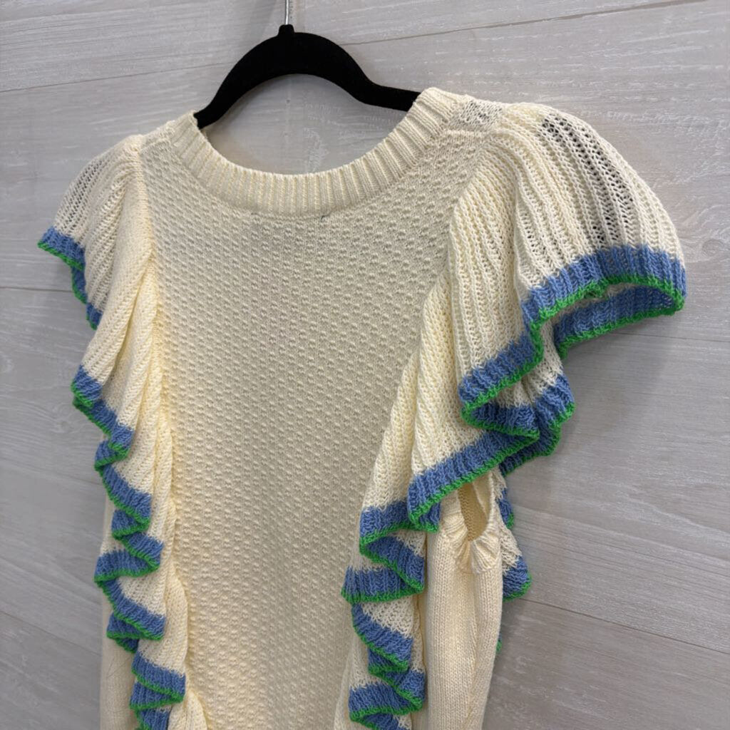 Central Park West Cream/ Blue/ Green Ruffle Knit Short Sleeve Top Extra Small