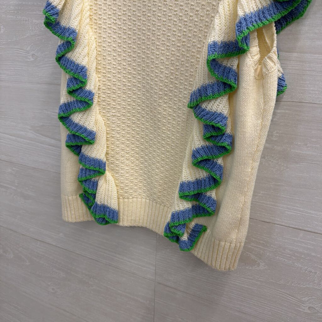 Central Park West Cream/ Blue/ Green Ruffle Knit Short Sleeve Top Extra Small