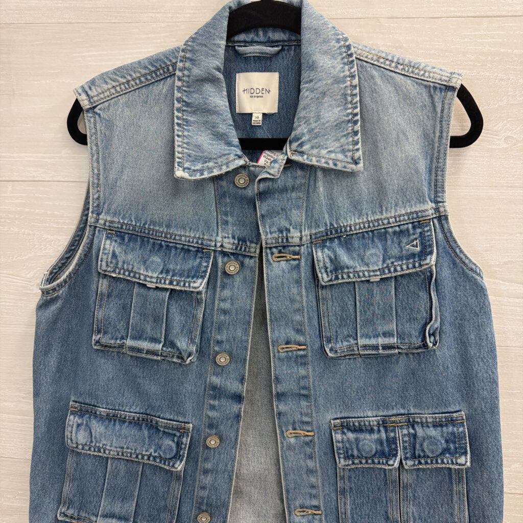 Hidden Light Wash Denim Cargo Vest Top Extra Small