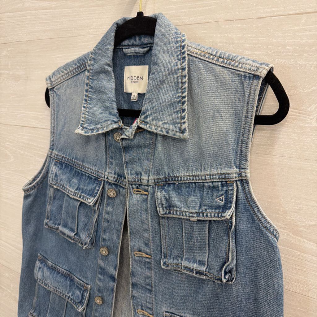 Hidden Light Wash Denim Cargo Vest Top Extra Small