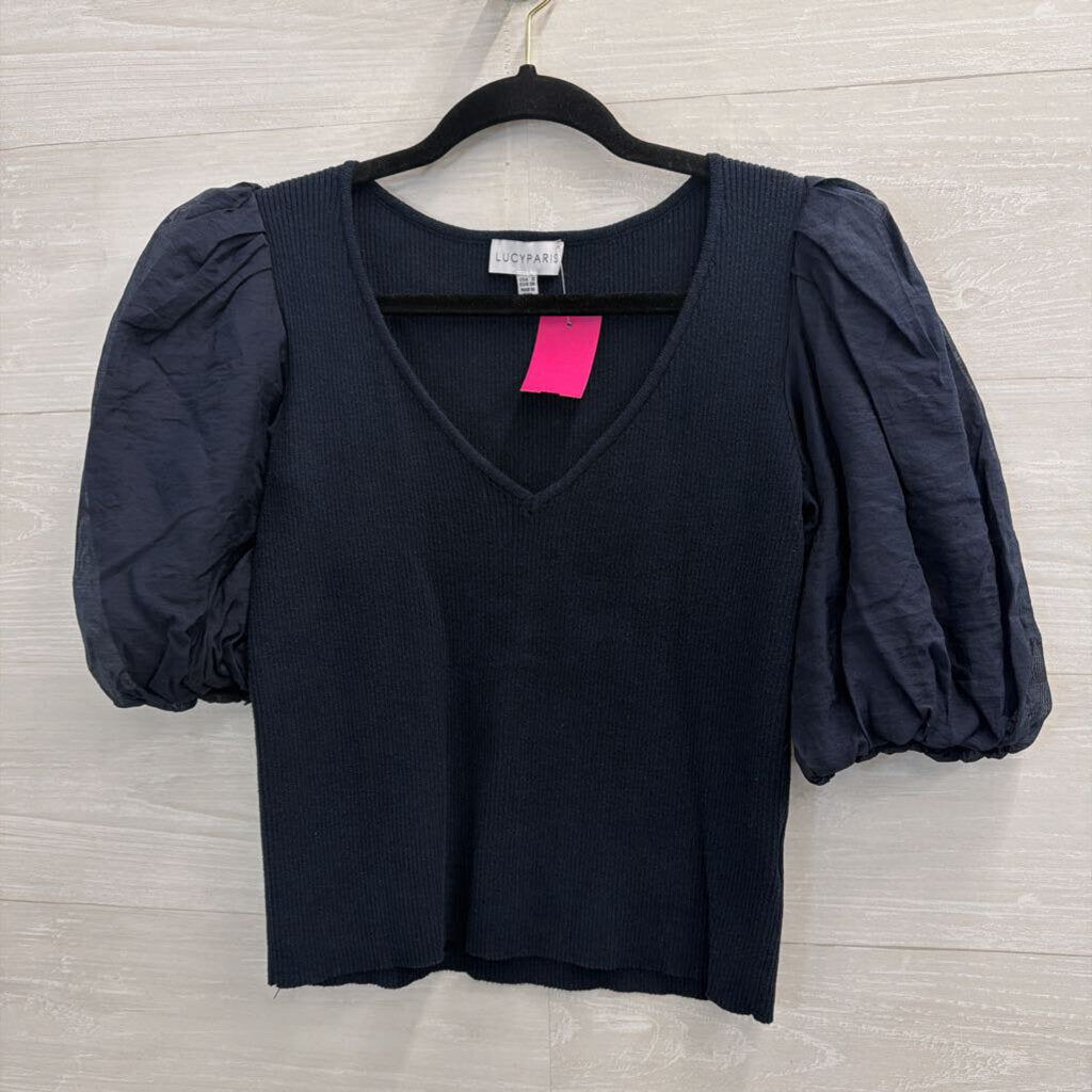 Lucy Paris Navy Cropped Short Puff Sleeve Top Small