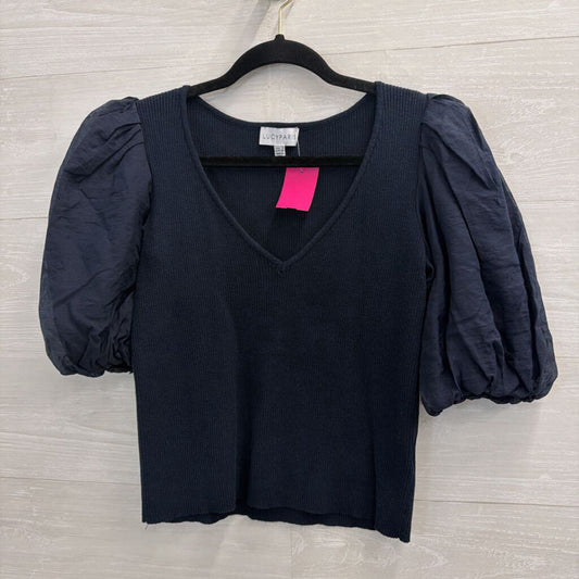 Lucy Paris Navy Cropped Short Puff Sleeve Top Small