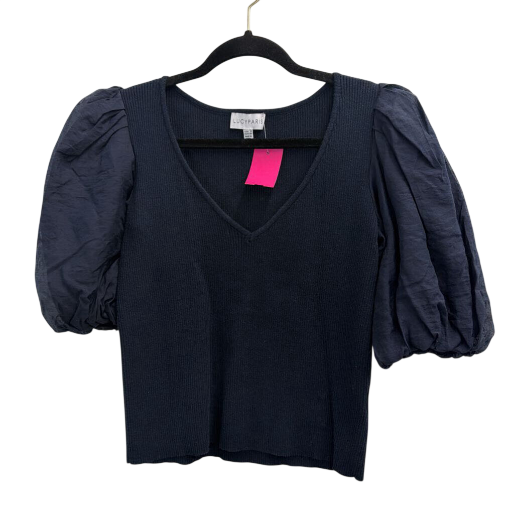 Lucy Paris Navy Cropped Short Puff Sleeve Top Small