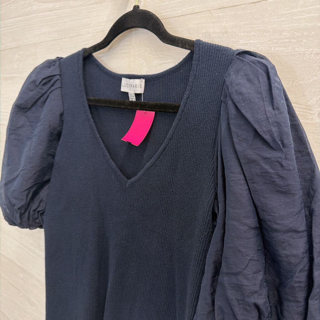 Lucy Paris Navy Cropped Short Puff Sleeve Top Small