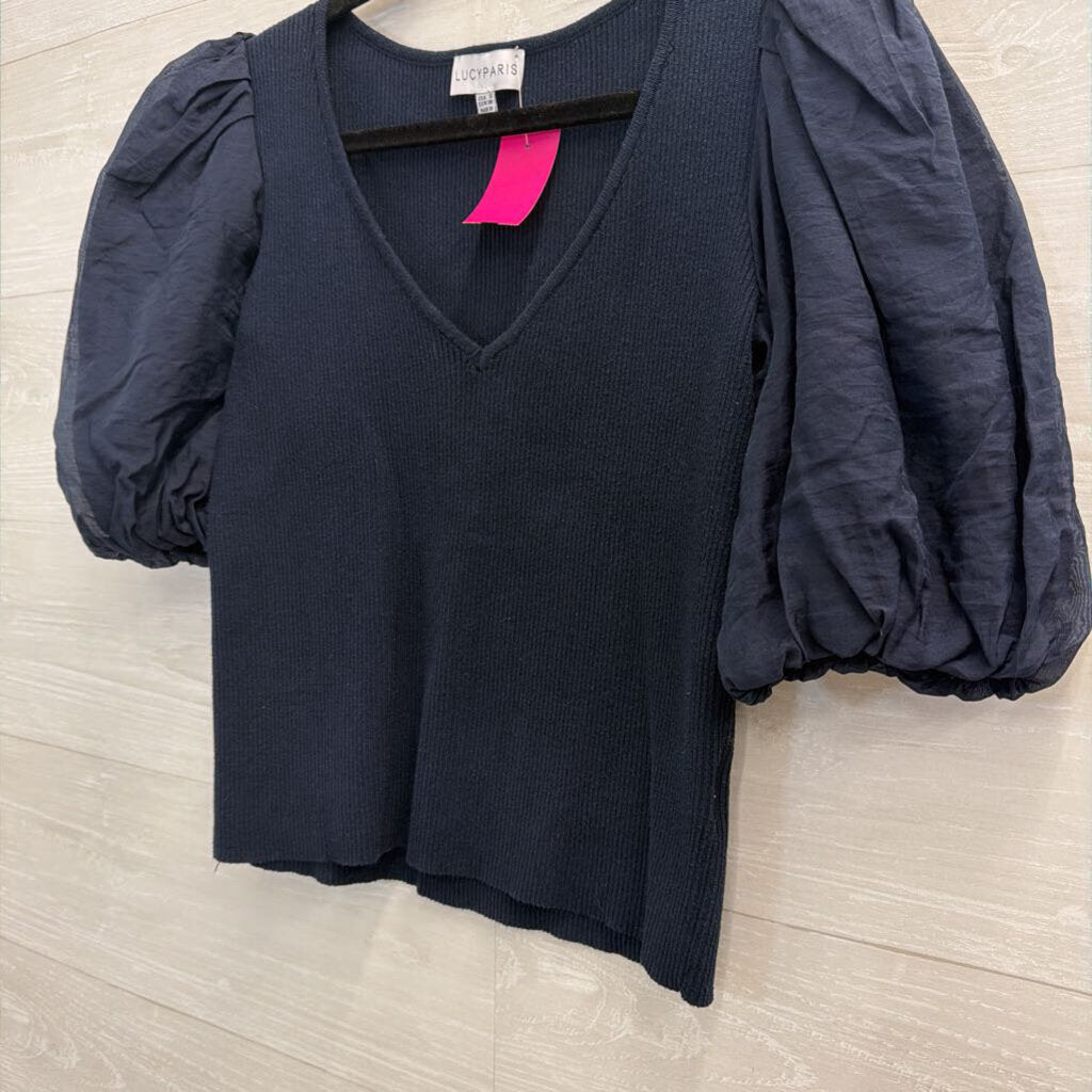 Lucy Paris Navy Cropped Short Puff Sleeve Top Small