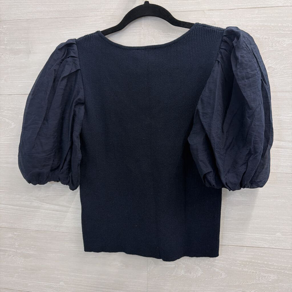 Lucy Paris Navy Cropped Short Puff Sleeve Top Small