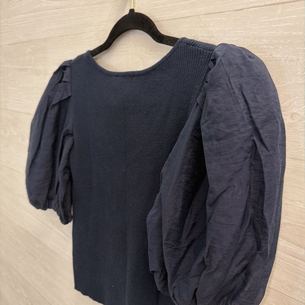 Lucy Paris Navy Cropped Short Puff Sleeve Top Small