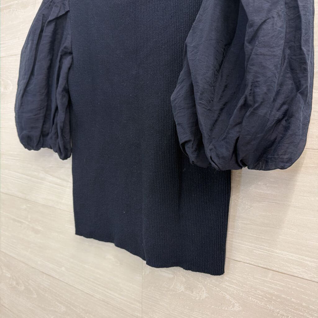 Lucy Paris Navy Cropped Short Puff Sleeve Top Small