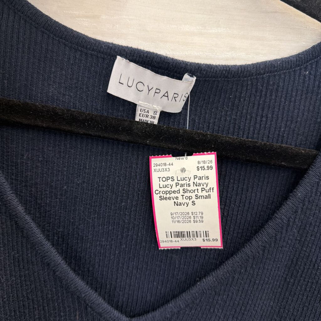 Lucy Paris Navy Cropped Short Puff Sleeve Top Small