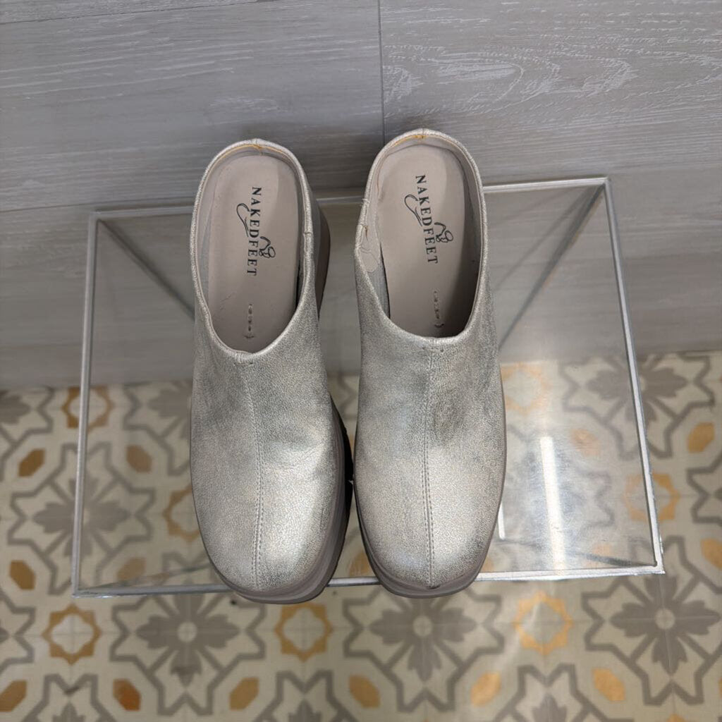 Naked Feet Metallic Silver Coach Platform Clogs 6