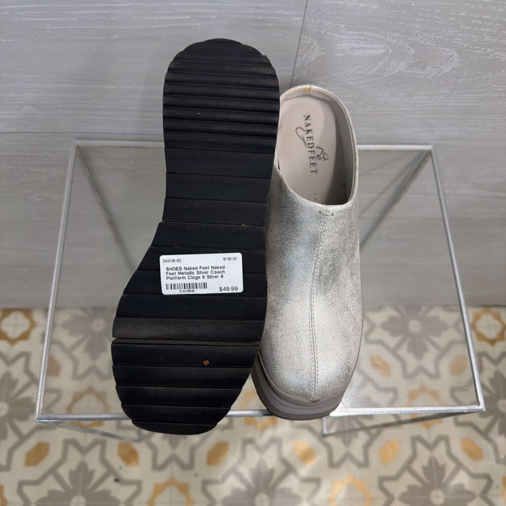 Naked Feet Metallic Silver Coach Platform Clogs 6