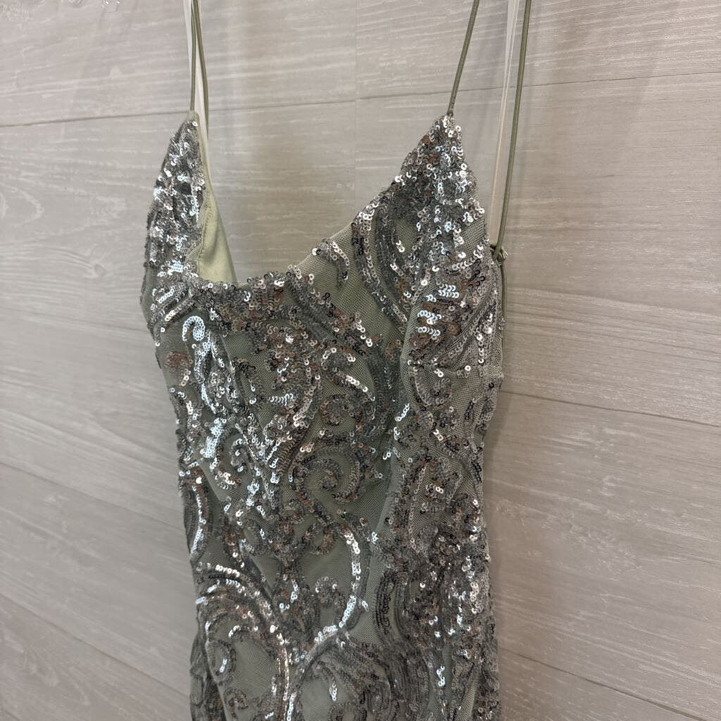 Sage Green/ Silver Sequin Print Short Formal Dress Medium