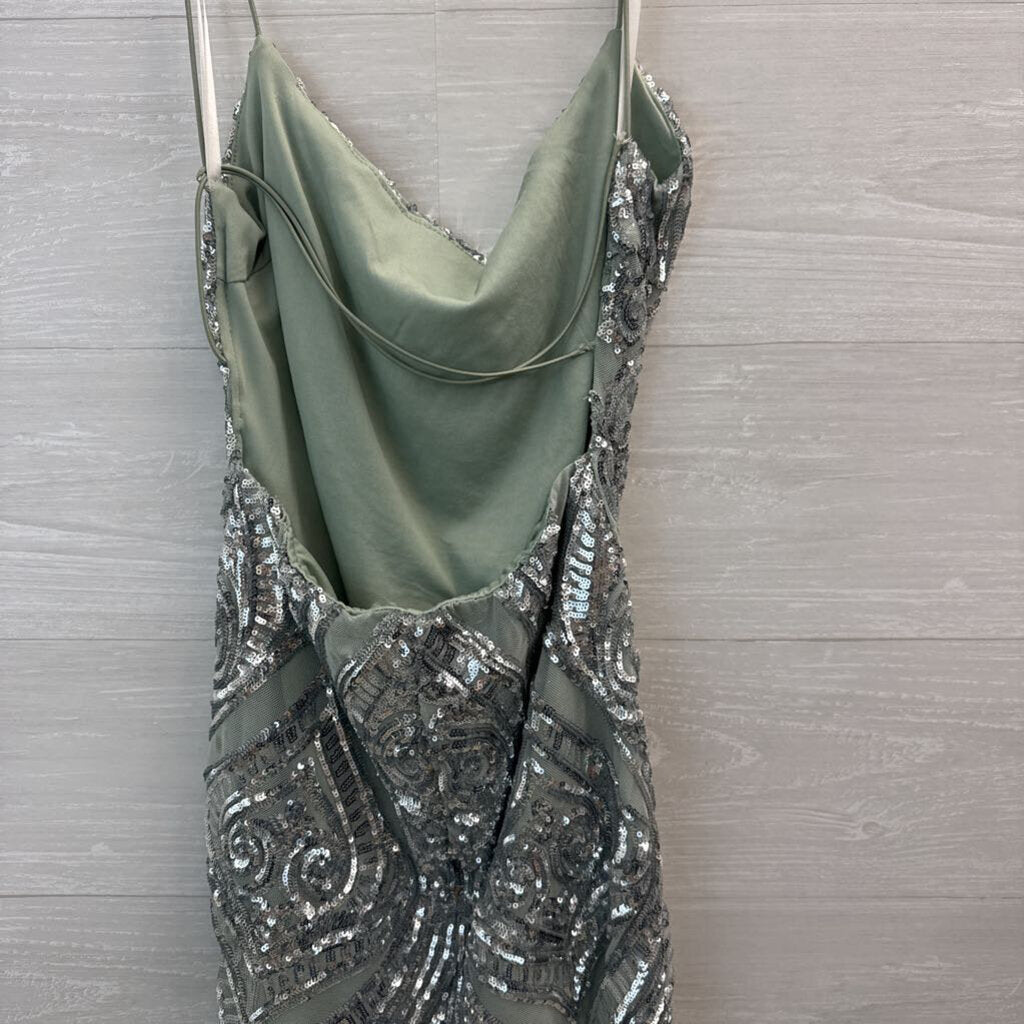 Sage Green/ Silver Sequin Print Short Formal Dress Medium