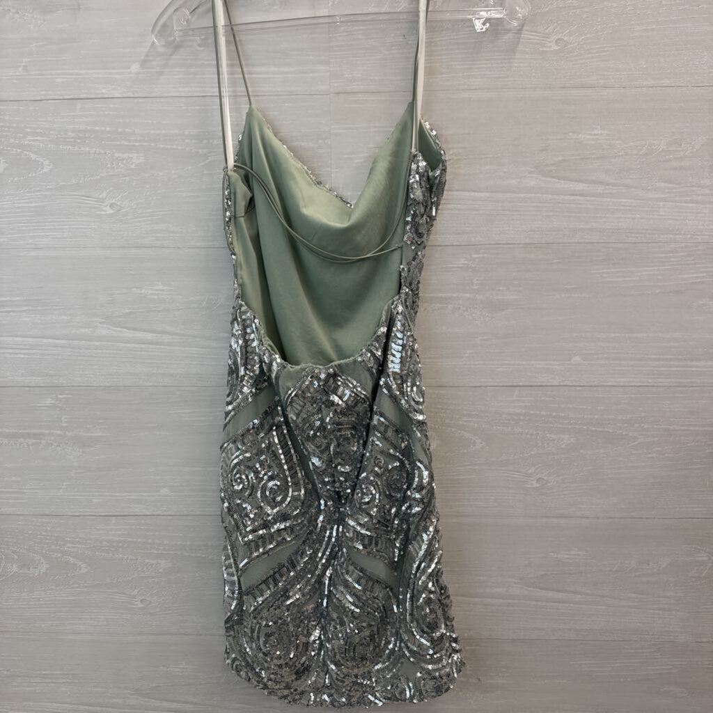 Sage Green/ Silver Sequin Print Short Formal Dress Medium