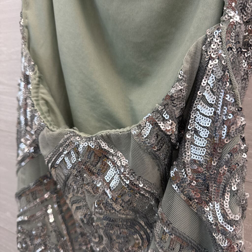 Sage Green/ Silver Sequin Print Short Formal Dress Medium