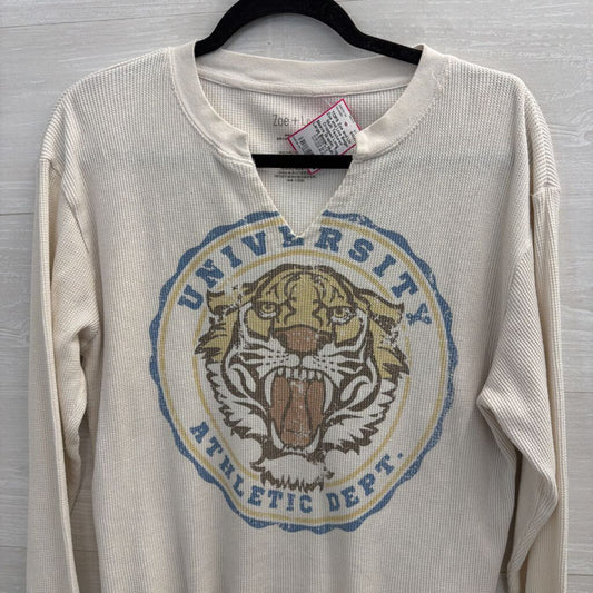 Zoe and Live Beige/ Multi Textured Cropped Long Sleeve Graphic Top Large