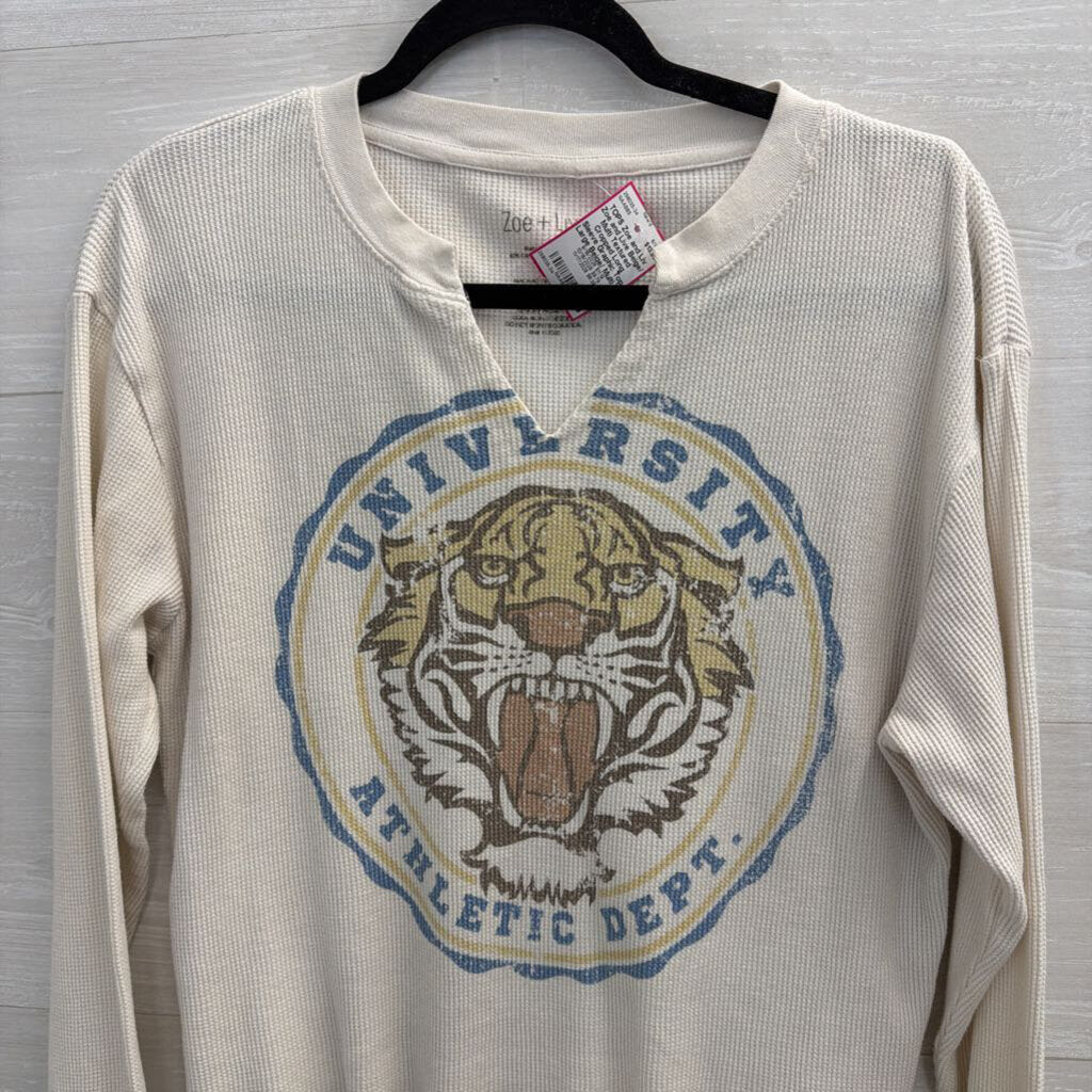 Zoe and Live Beige/ Multi Textured Cropped Long Sleeve Graphic Top Large