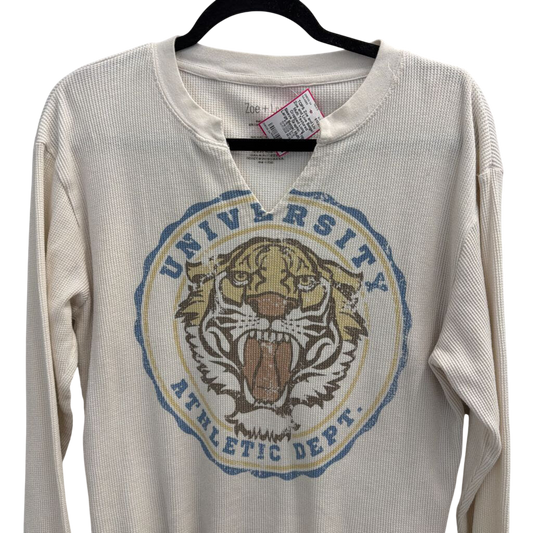 Zoe and Live Beige/ Multi Textured Cropped Long Sleeve Graphic Top Large