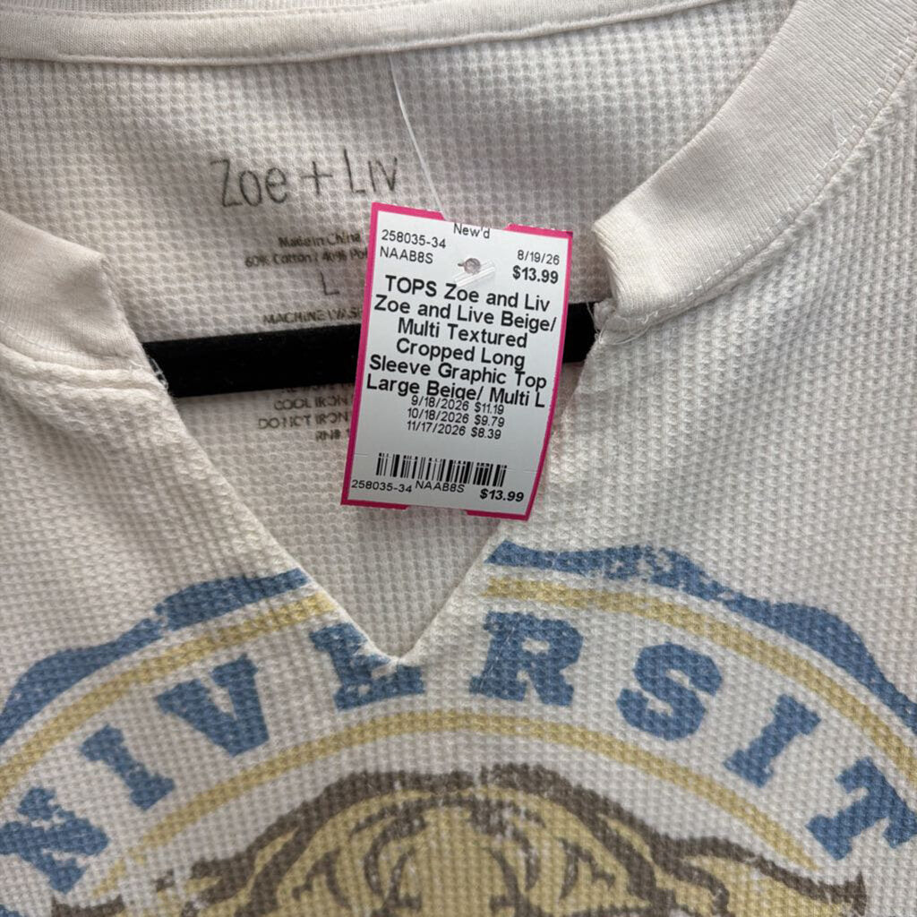 Zoe and Live Beige/ Multi Textured Cropped Long Sleeve Graphic Top Large