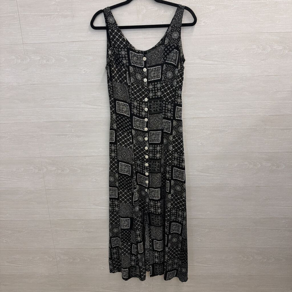 Vintage Joule Energy Black/ White Print Button Front Maxi Dress Medium