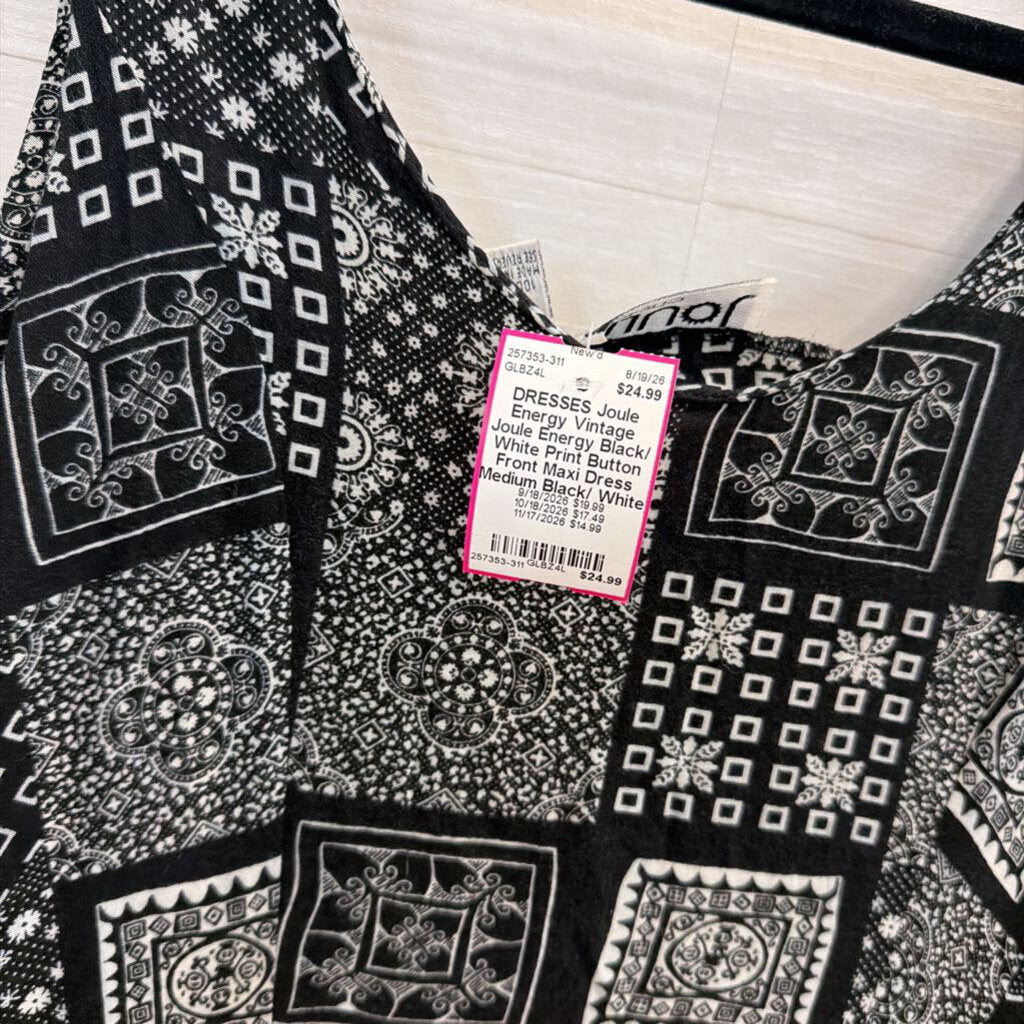 Vintage Joule Energy Black/ White Print Button Front Maxi Dress Medium