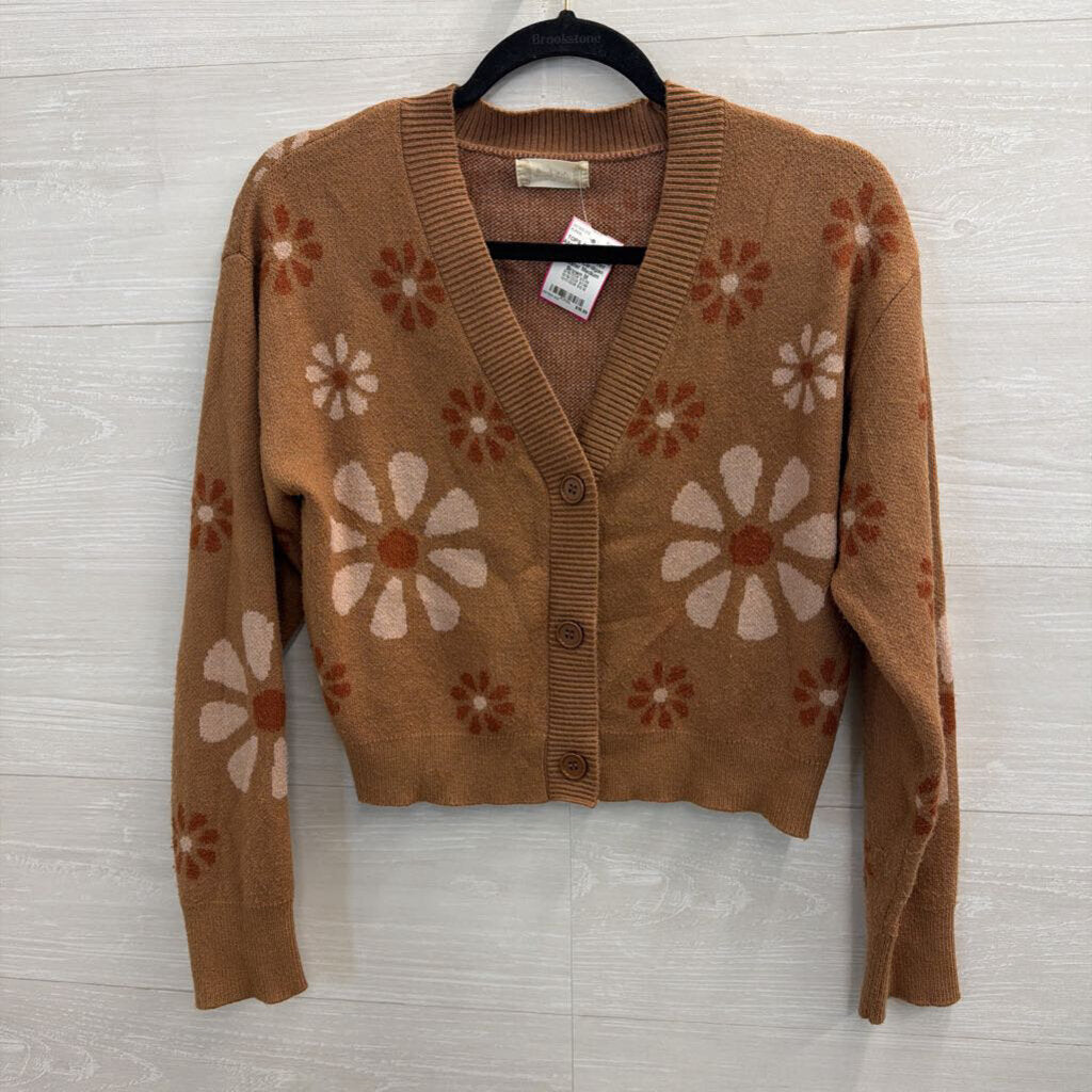 Altar'd State Brown/ Multi Flower Print Cropped Cardigan Sweater Medium