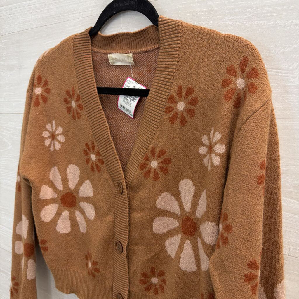Altar'd State Brown/ Multi Flower Print Cropped Cardigan Sweater Medium