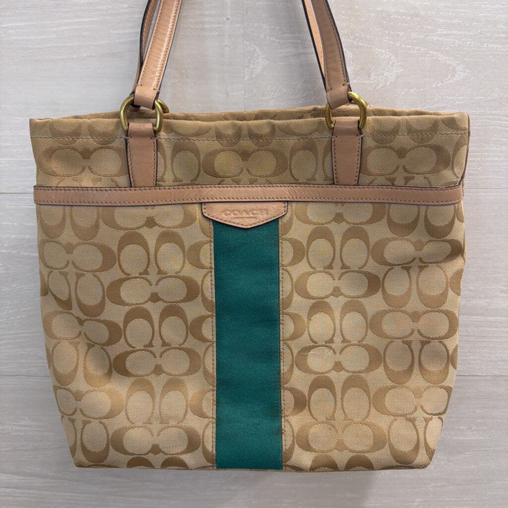Coach Beige/ Green Signature Jacquard Coach F28504 Purse