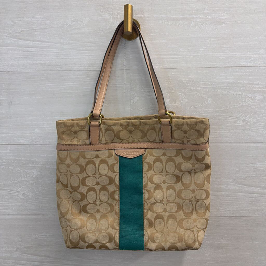 Coach Beige/ Green Signature Jacquard Coach F28504 Purse