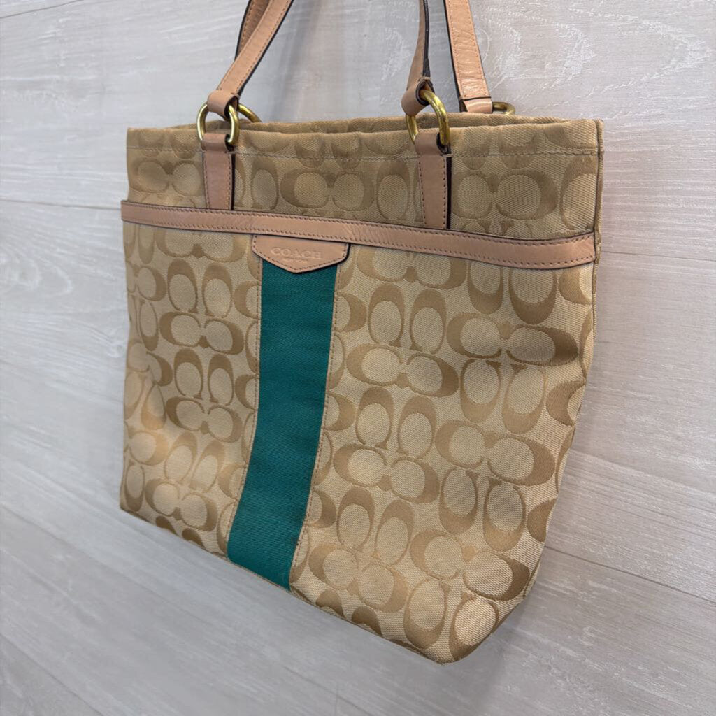 Coach Beige/ Green Signature Jacquard Coach F28504 Purse