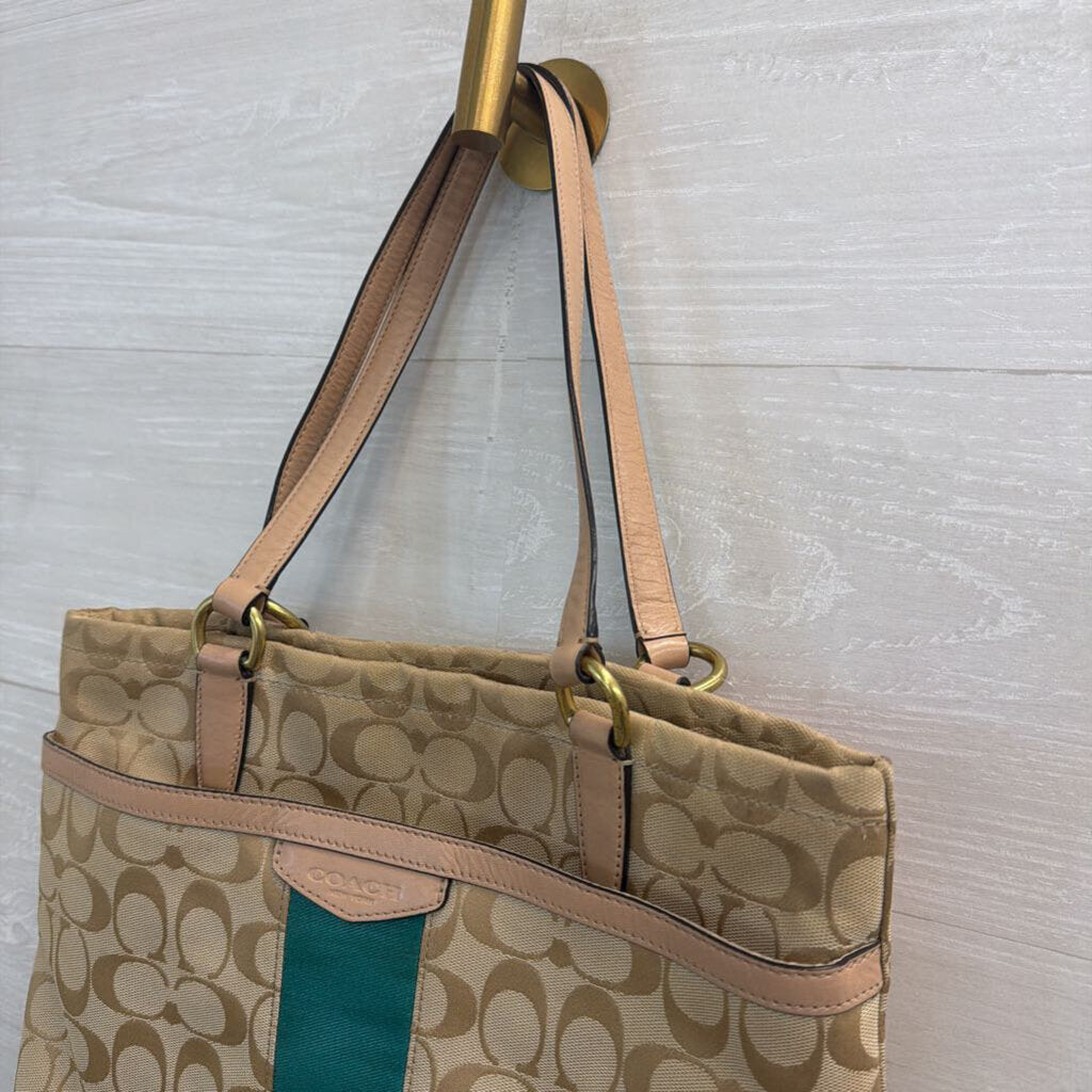 Coach Beige/ Green Signature Jacquard Coach F28504 Purse