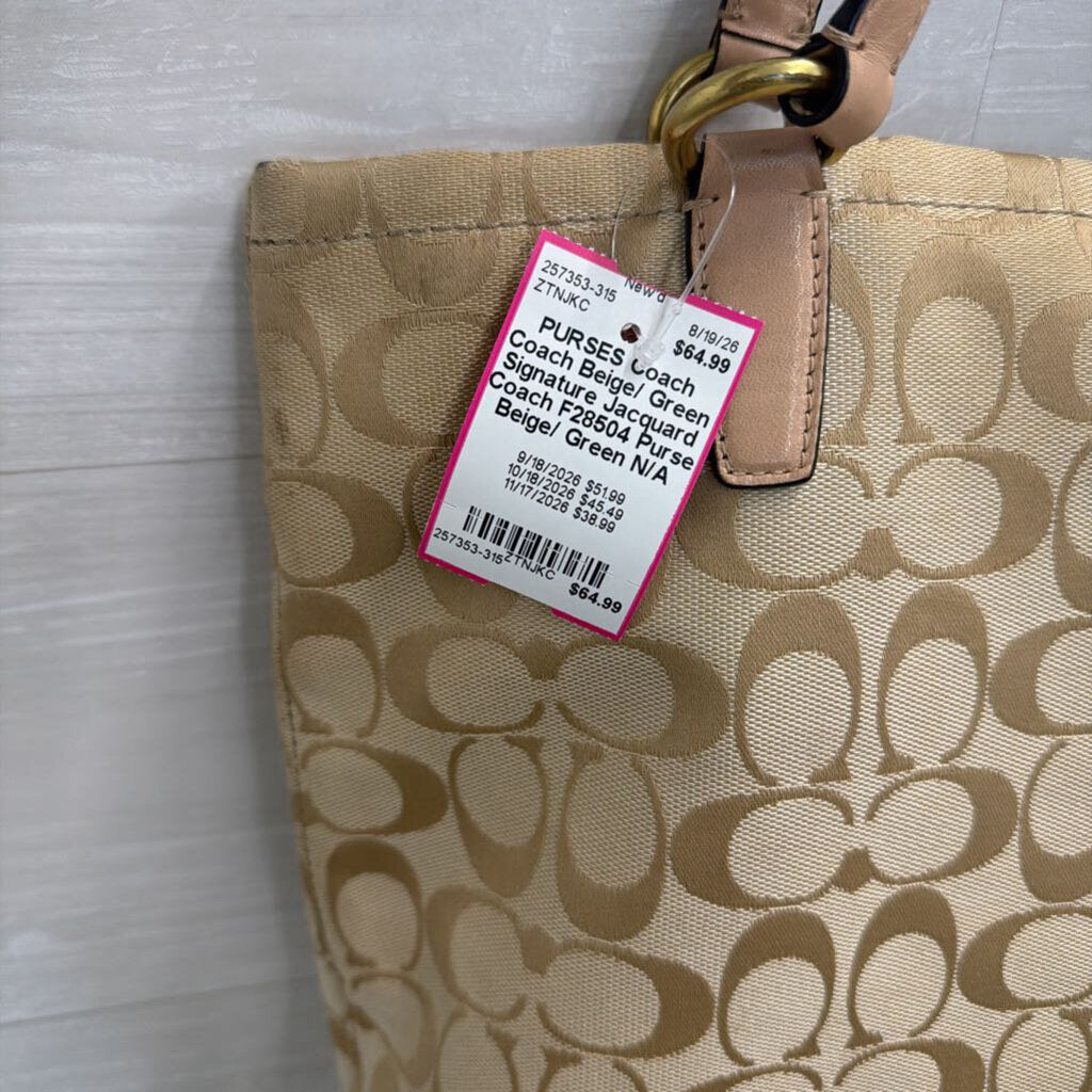 Coach Beige/ Green Signature Jacquard Coach F28504 Purse