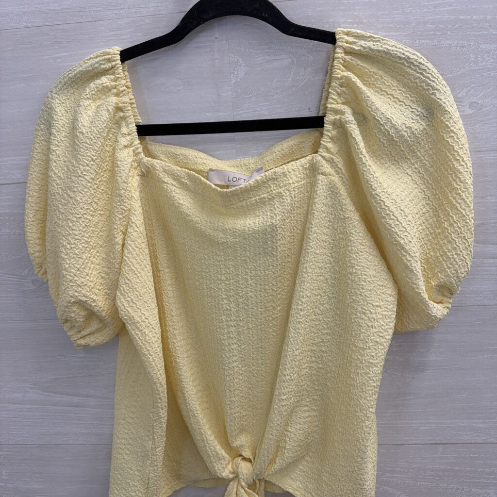 Loft Yellow Textured Short Puff Sleeve Tie Front Top Small