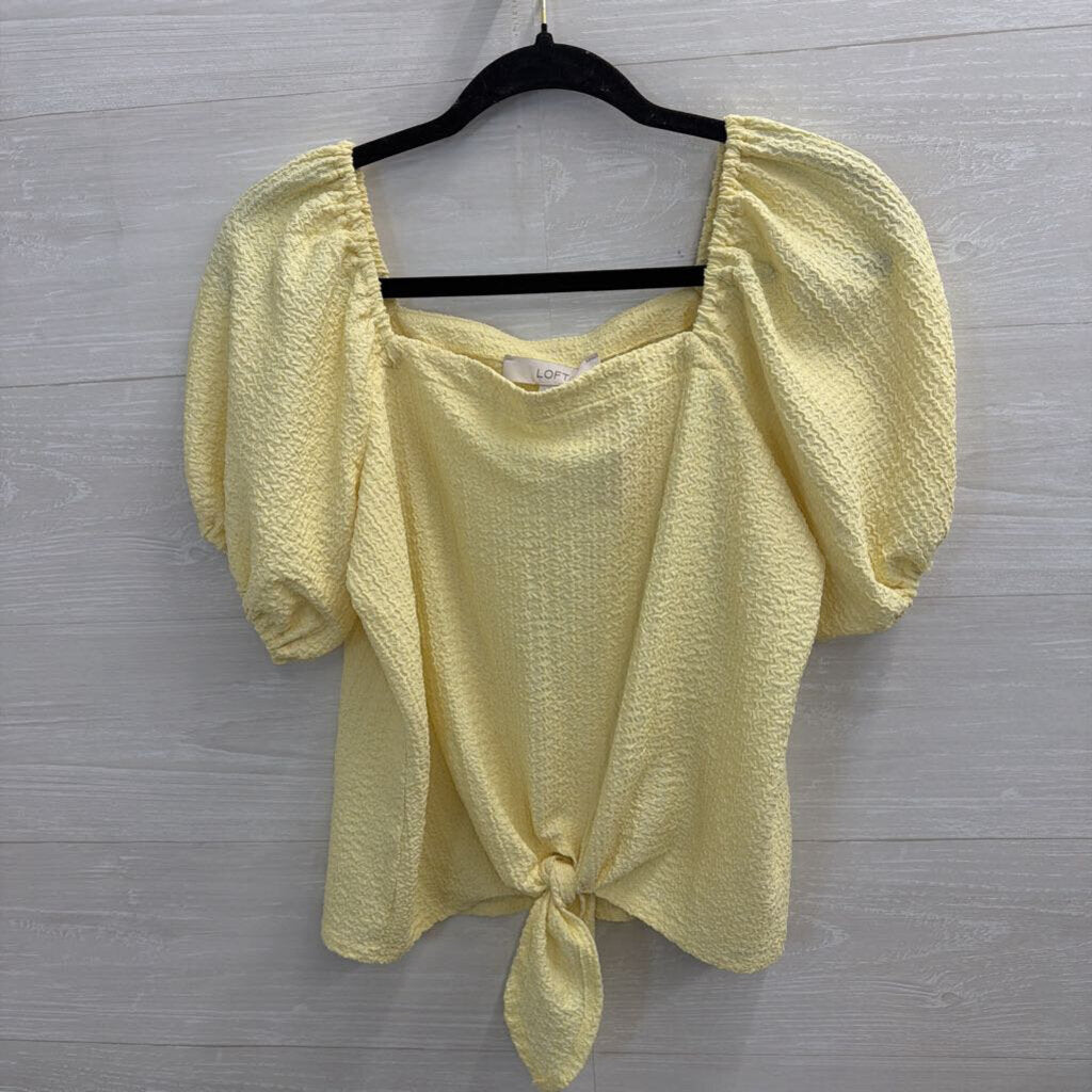 Loft Yellow Textured Short Puff Sleeve Tie Front Top Small
