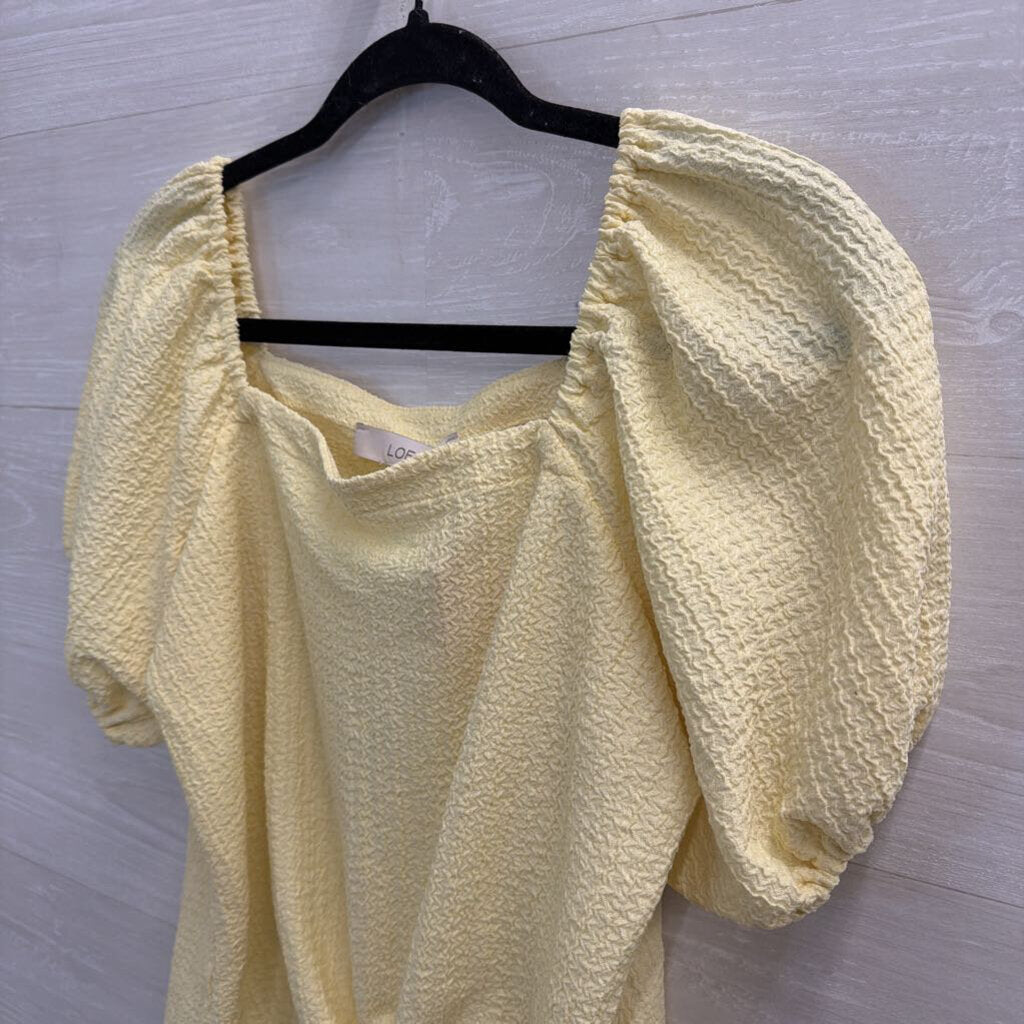 Loft Yellow Textured Short Puff Sleeve Tie Front Top Small