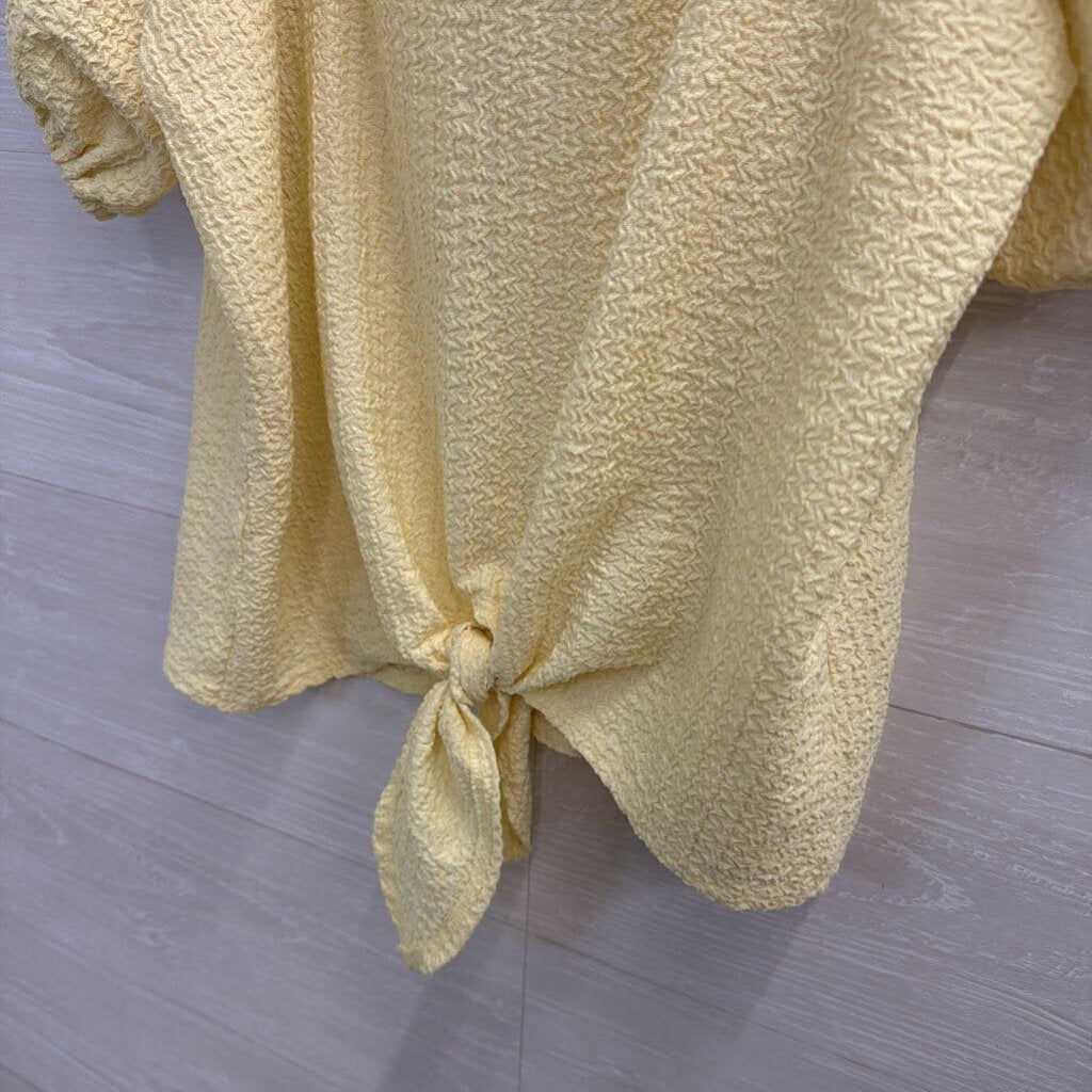 Loft Yellow Textured Short Puff Sleeve Tie Front Top Small