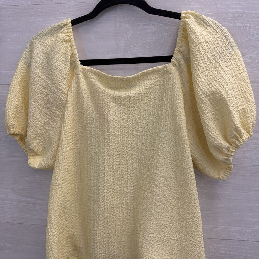 Loft Yellow Textured Short Puff Sleeve Tie Front Top Small