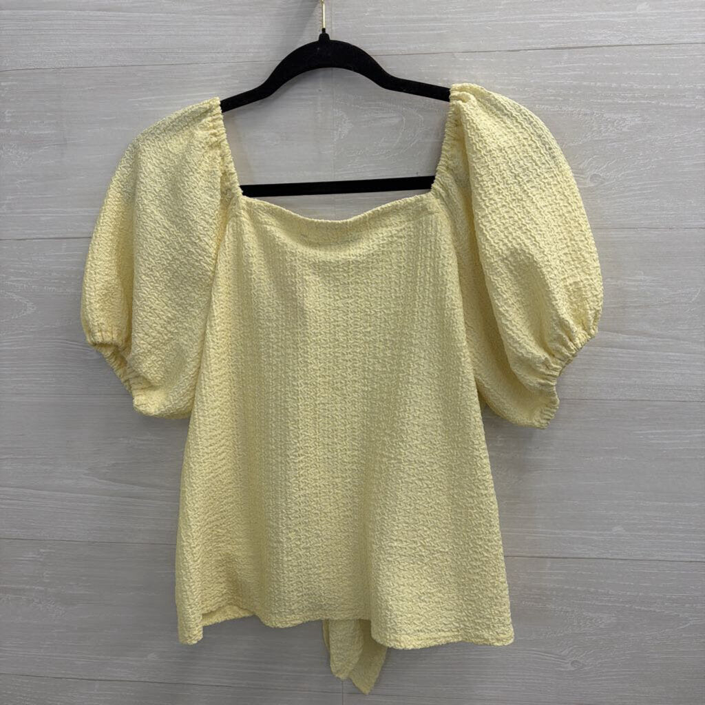Loft Yellow Textured Short Puff Sleeve Tie Front Top Small