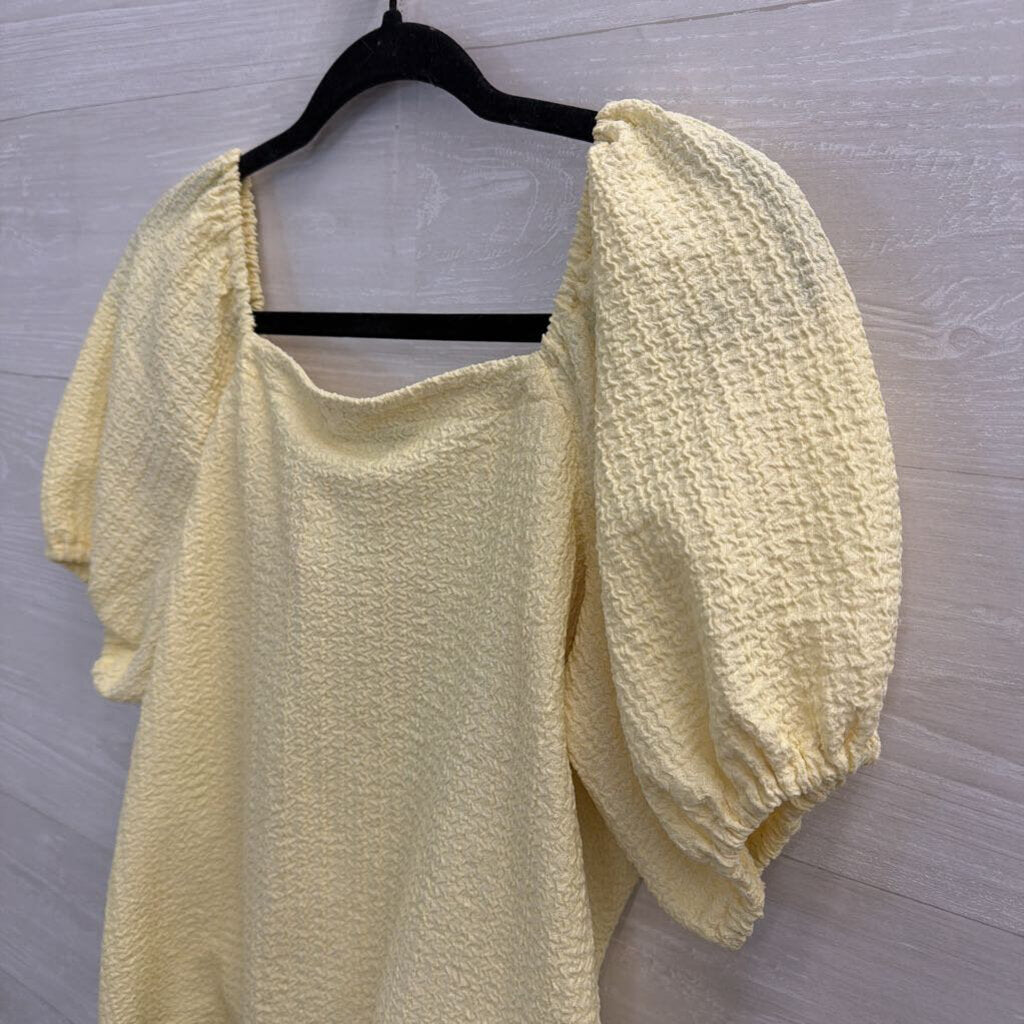 Loft Yellow Textured Short Puff Sleeve Tie Front Top Small