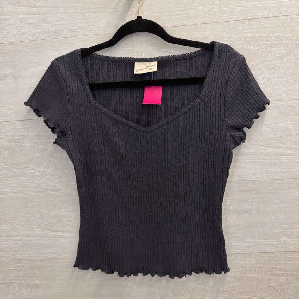 Grey Ribbed Short Sleeve Top Medium